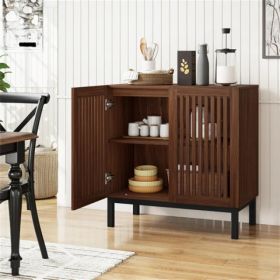 32" Buffet Sideboard Cabinet With 2 Doors, Farmhouse Storage Cabinet (Walnut + Black) With Adjustable Shelf (Option: Defaulttitle)