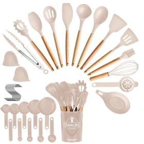 4 Colors Options -- Set Of 35Pcs Kitchen Cooking Utensils Set Spatula Set Baking Utensil Set Kitchen Accessories Necessities With Holder Egg Whis (Option: Khaki)