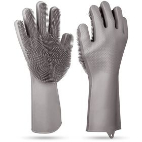 1 Pair Magic Silicone Brush Dishwashing Gloves Cleaning Sponge Pet Scrubber Heat Resistant Wash Gloves (Color: gray, size: One size)
